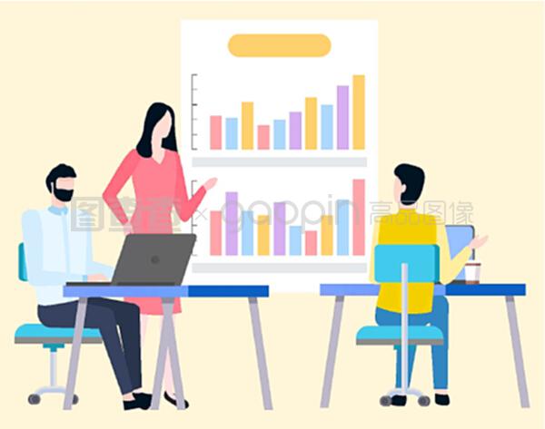 男女經(jīng)紀(jì)人分析交易并討論商業(yè)圖表上的銷售統(tǒng)計(jì)數(shù)據(jù)。矢量卡通人物和圖表。